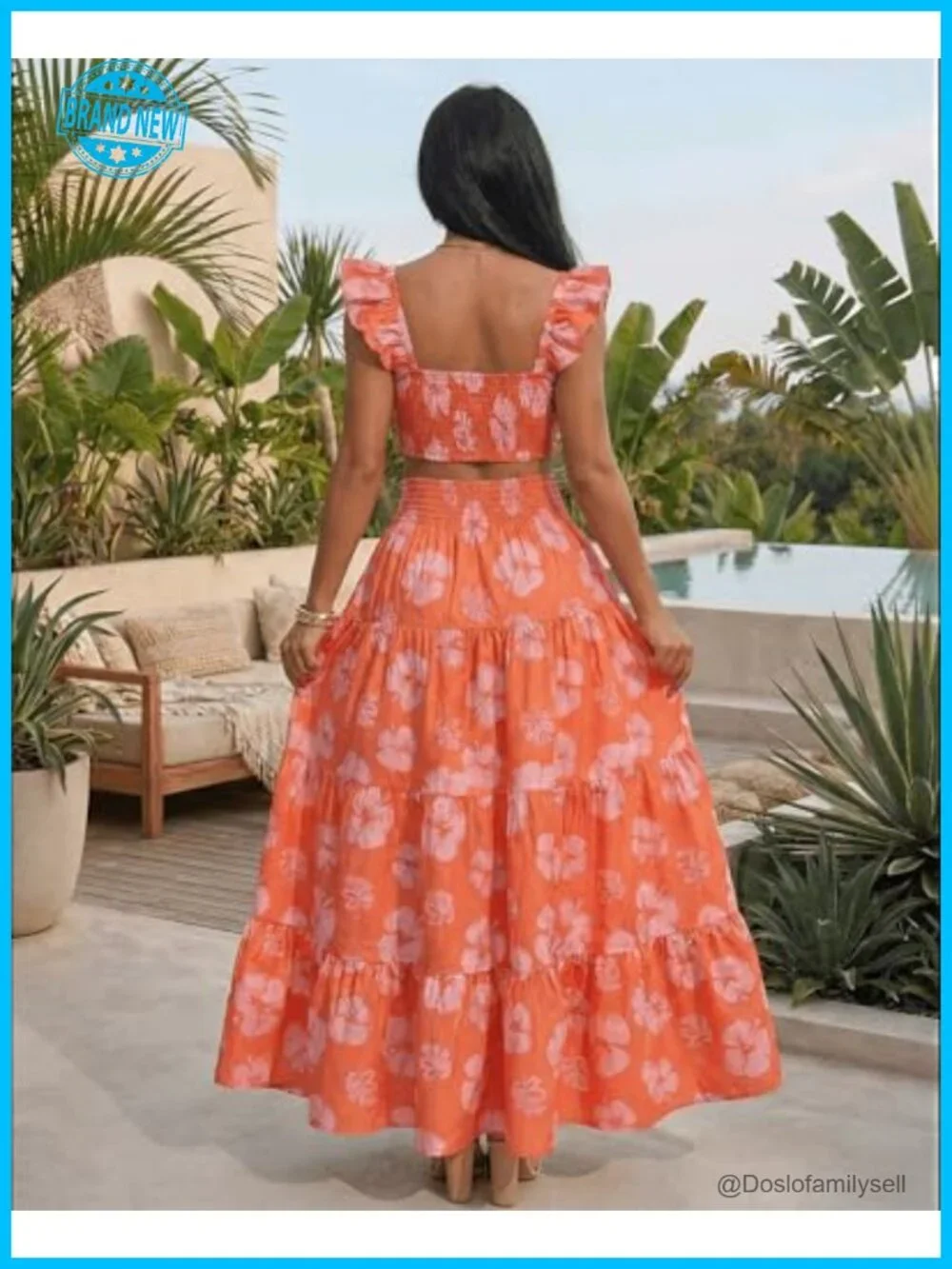 2-Piece Maxi Skirt Set Tropical Floral Boho Vacation Outfit High Waist Ruffle
